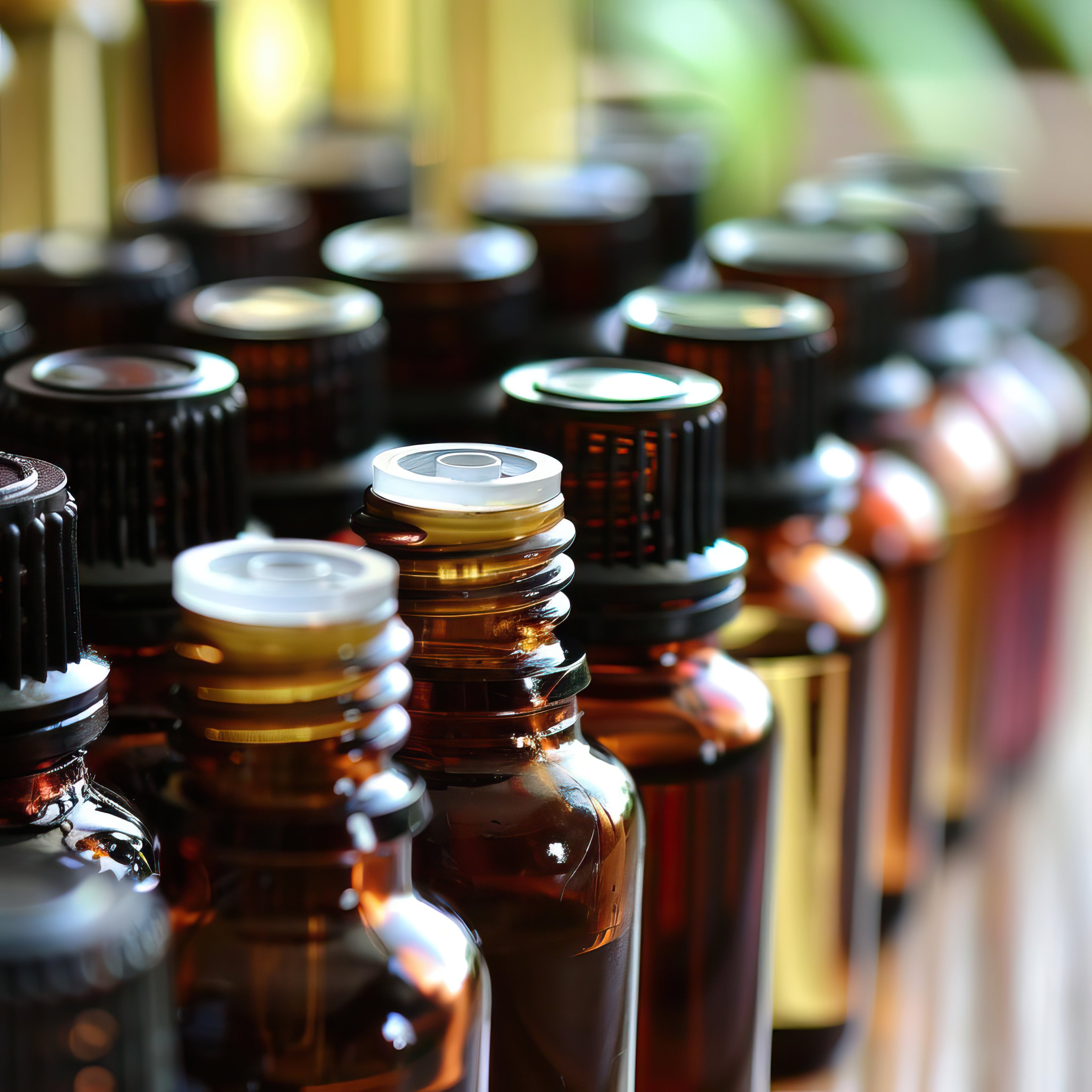 Close-up of amber essential oil bottles lined up on a shelf, showcasing their unique caps and colors.