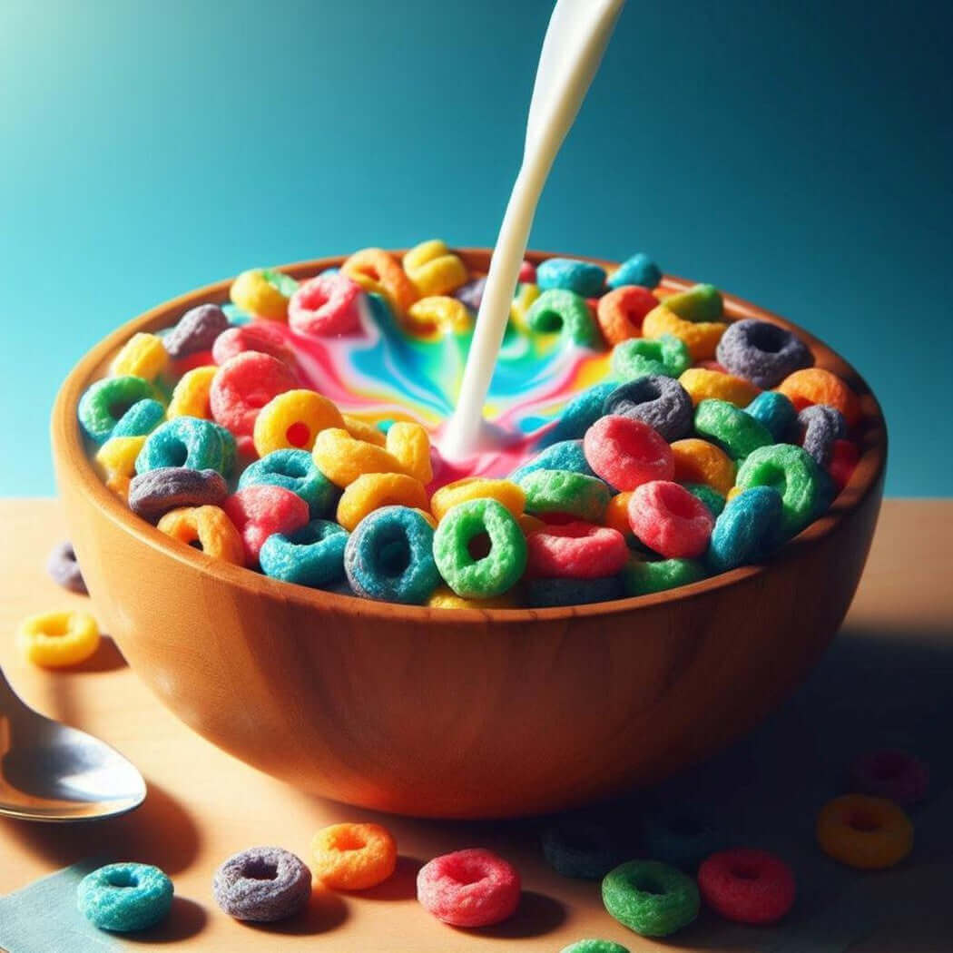 Milk pouring into a wooden bowl filled with colorful fruit loop cereal on a wooden table.