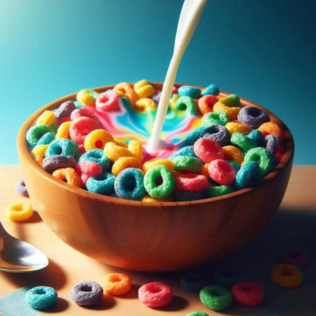 Milk pouring into a wooden bowl filled with colorful fruit loop cereal on a wooden table.