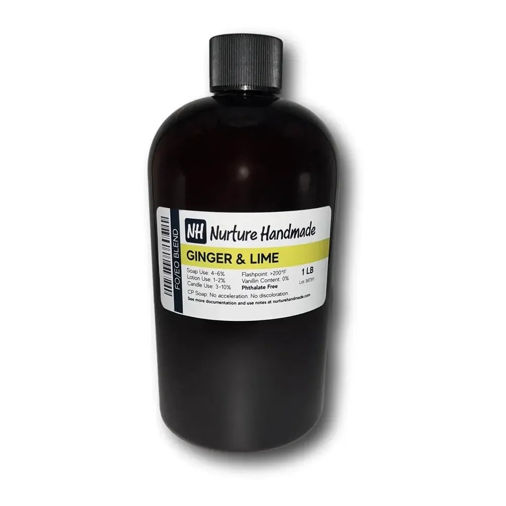 Dark amber glass bottle of Nurture Handmade Ginger + Lime essential oil blend, 1 lb