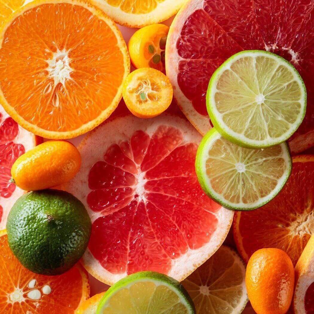 Fresh citrus fruits including slices of orange, grapefruit, lime, and whole kumquats showcasing vibrant colors and textures.