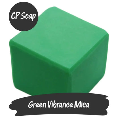 Vibrant green block of Green Vibrance Mica for making colorful CP soap creations.