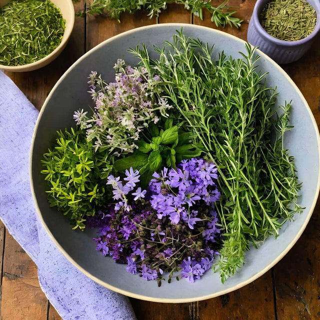 Fresh lavender, chamomile, sage, and rosemary herbs in a bowl for Herb Garden FO/EO Blend