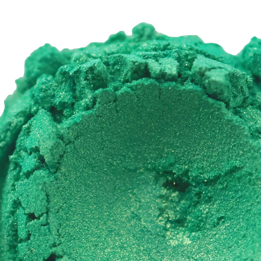 Vibrant shimmering teal eyeshadow in High Society Green Mica glitter texture