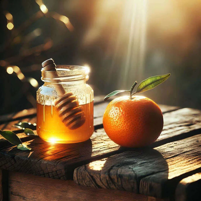 Jar of honey with wooden dipper next to a fresh orange on a rustic wooden table with sunlight streaming through.