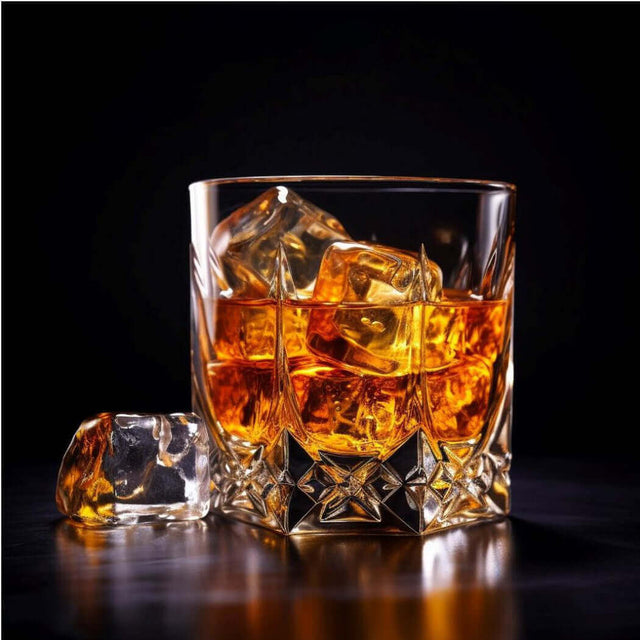 Crystal glass of whiskey filled with ice cubes on a dark background.