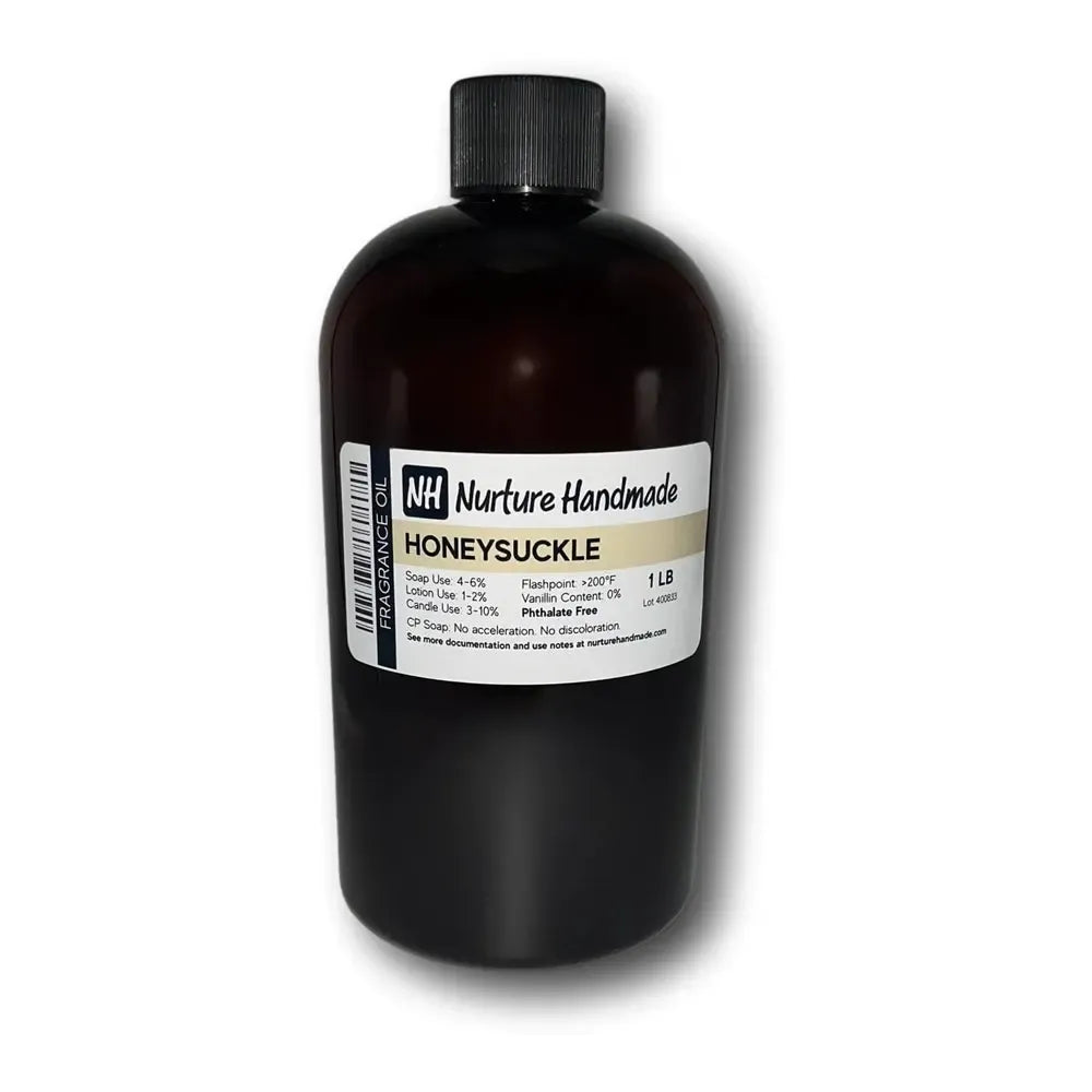 Honeysuckle Fragrance Oil bottle showcasing its elegant floral aroma, perfect for natural candle making and personal care.