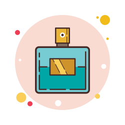 Stylish turquoise perfume bottle with a golden cap on a light pink background, surrounded by colorful dots.