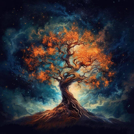 Vibrant handmade illustration of a tree with glowing orange leaves against a starry night sky, emphasizing the theme of nurture and creativity.