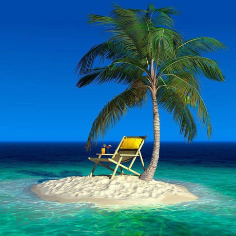 A tranquil tropical island with a single palm tree, sandy beach, and a yellow chair facing the calm turquoise sea under a clear blue sky.