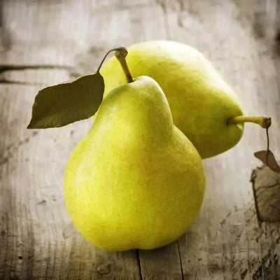Two yellow-green pears with leaf on weathered grey wood