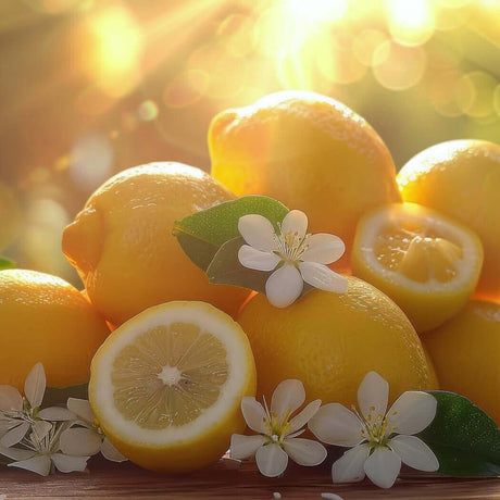 Fresh lemons with white blossoms and sunlit background