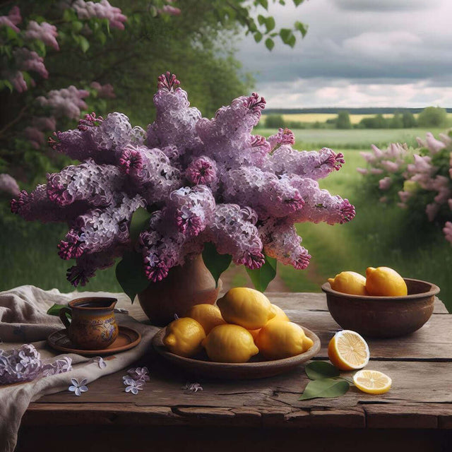 Fragrant lilacs and fresh lemons on rustic table evoke lilac and lemon fragrance oil's floral elegance and zesty freshness