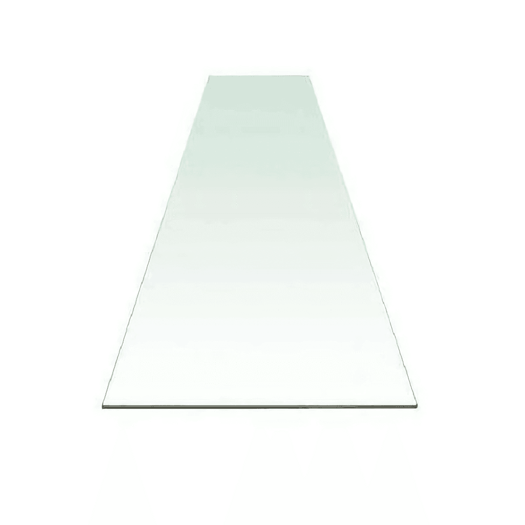 Long rectangular sheet of clear glass with a white background