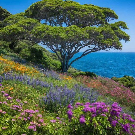 Vibrant wildflowers and lush greenery with a majestic tree by the sea in a serene landscape.