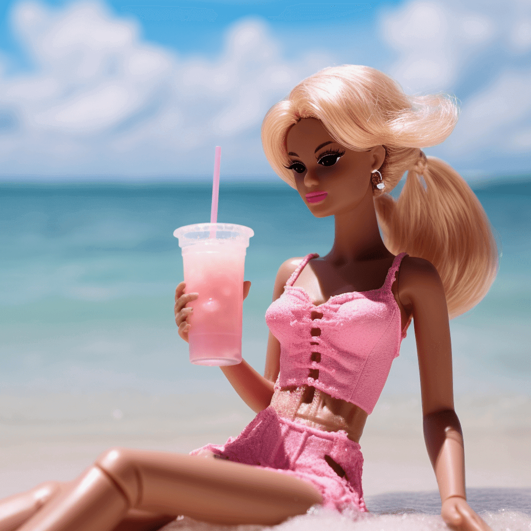 Blonde doll in pink outfit enjoying a drink on a sunny beach with clear blue sky and ocean background