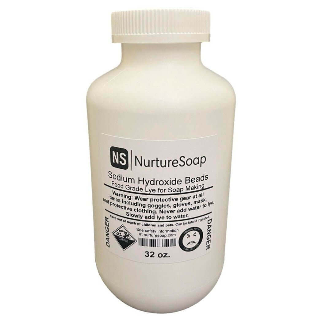 Bottle of NurtureSoap Sodium Hydroxide Beads for soap making, 32 oz container, labeled with safety and usage instructions.