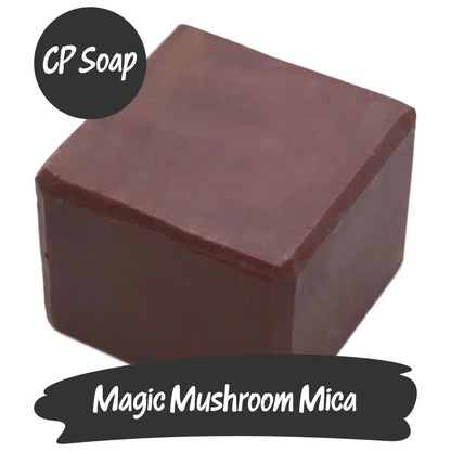 Magic Mushroom Mica cube for CP soap, showcasing brown color with shimmering red and gold tones.