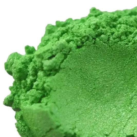 Close-up of Enchantment Bright Green Mica, showcasing shimmering green texture, perfect for magical crafting.