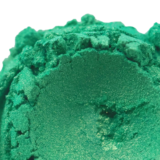 High Society Green Mica powder showcasing a shimmering green-blue hue, perfect for luxurious soap and makeup projects.