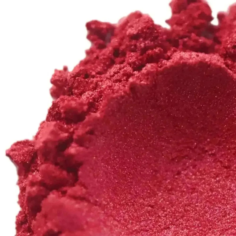 Close-up of bold red mica powder, perfect for makeup, crafts, and resin projects. Rich, vibrant, and dye-free formula.