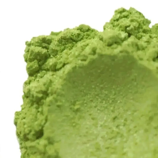 Close-up of New Leaf Green Mica powder showcasing its vibrant, rejuvenating green tones for crafting and DIY projects.