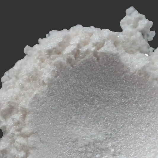Sugar Rush White Mica powder, a vibrant white pigment with a sparkling finish, perfect for bath bombs and beauty products.