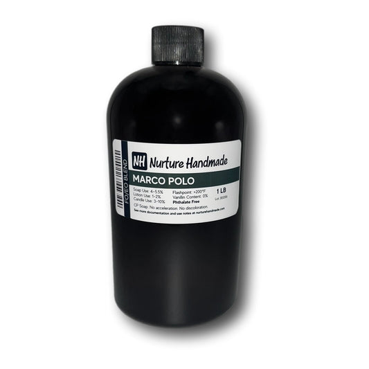 Black bottle of Marco Polo FO/EO Blend by Nurture Handmade, ideal for aromatic adventures and luxury scents.