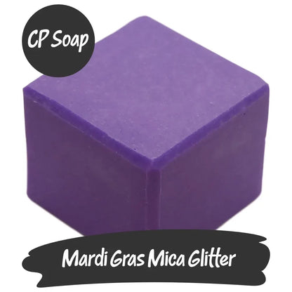Purple CP soap infused with Mardi Gras Mica Glitter for dazzling shimmer in bath projects.