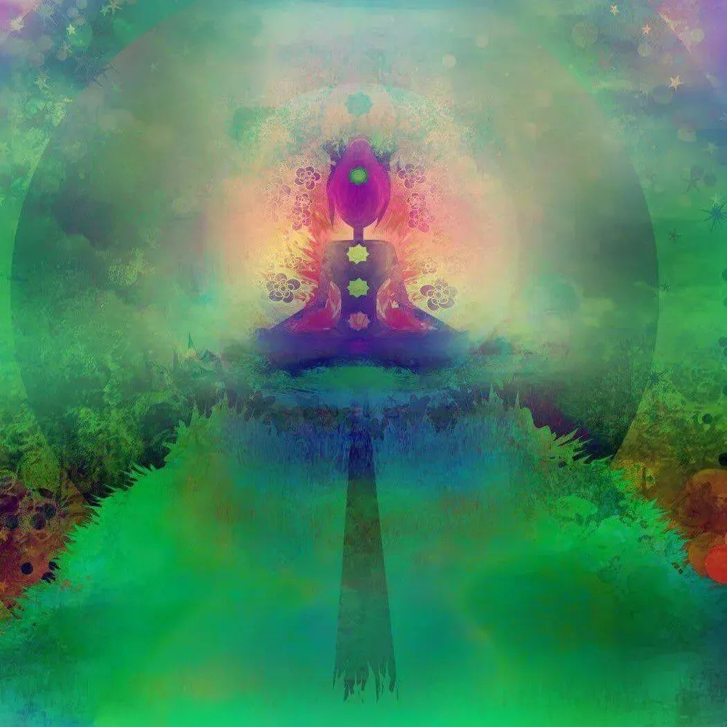 Abstract meditating figure with glowing purple pink chakras for Meditation Fragrance Blend