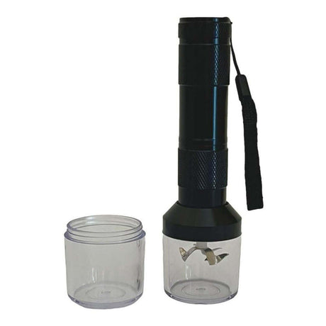 Handheld black electric blender with transparent detachable container for easy blending tasks.