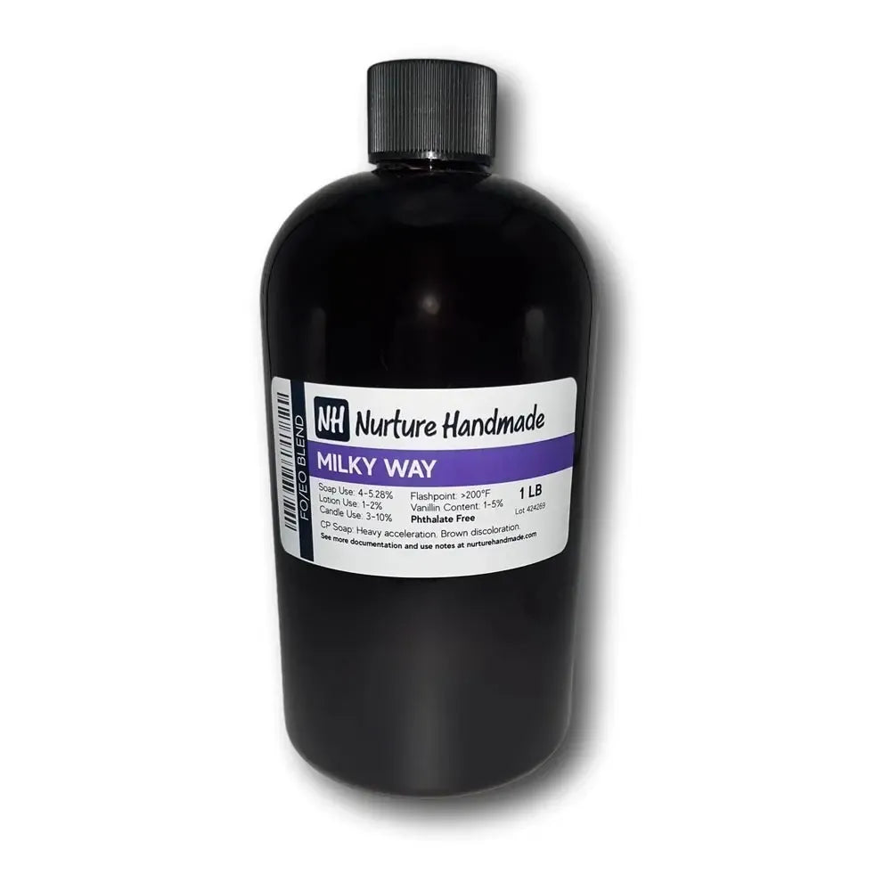 Black plastic bottle of Nurture Handmade Milky Way soap blend