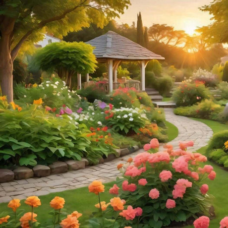 Serene garden with a stone path, colorful flowers, and a wooden gazebo at sunset, showcasing Nurture Handmade's landscaping artistry.