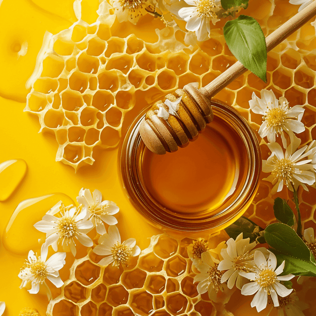 Honeycomb with jar of honey, honey dipper, and white flowers on yellow background zumringen nurturing handmade process