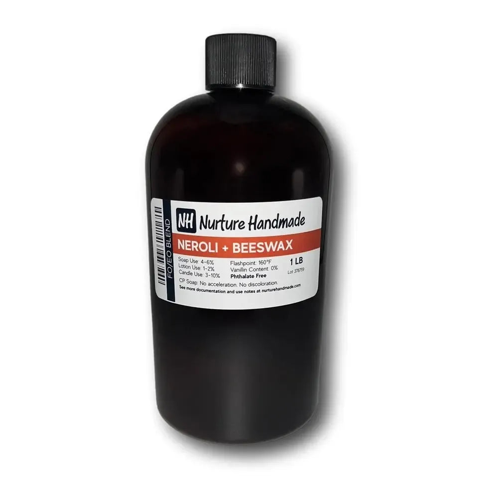 Nurture Handmade Neroli + Beeswax fragrance blend in dark amber bottle