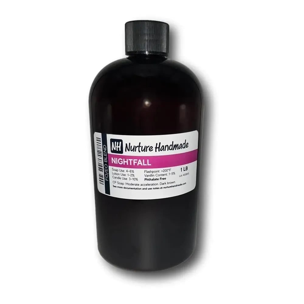 Nightfall Fragrance Blend: 1 lb dark amber bottle with black cap and pink-accented label