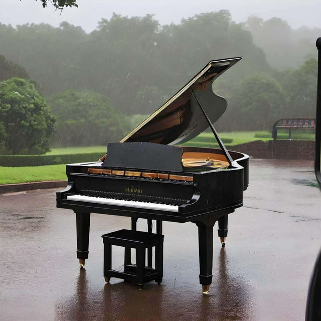 Grand piano in the rain displaying resilience, blending the beauty of nature and music, creating a serene and inspiring outdoor atmosphere