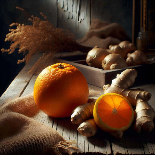 Fresh orange and ginger on rustic wooden table, highlighting natural ingredients for nurturing handmade remedies and recipes.