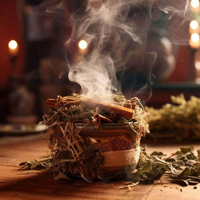 Palo Santo and Sage blend in a rustic bowl with fragrant smoke and leafy herbs on a wooden table with warm candlelight ambiance