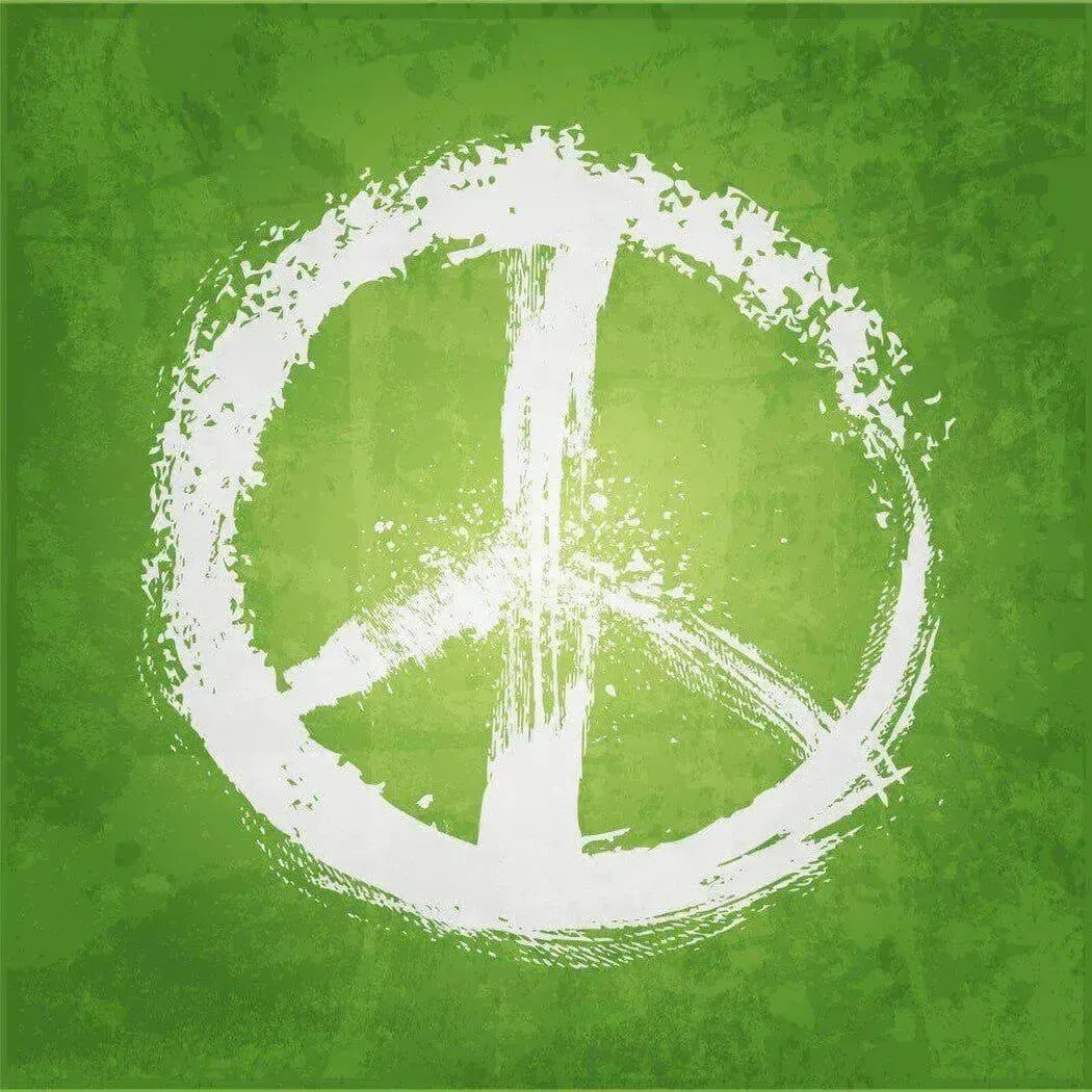 White brush-stroke peace symbol on textured green background for Peace & Love Fragrance Blend