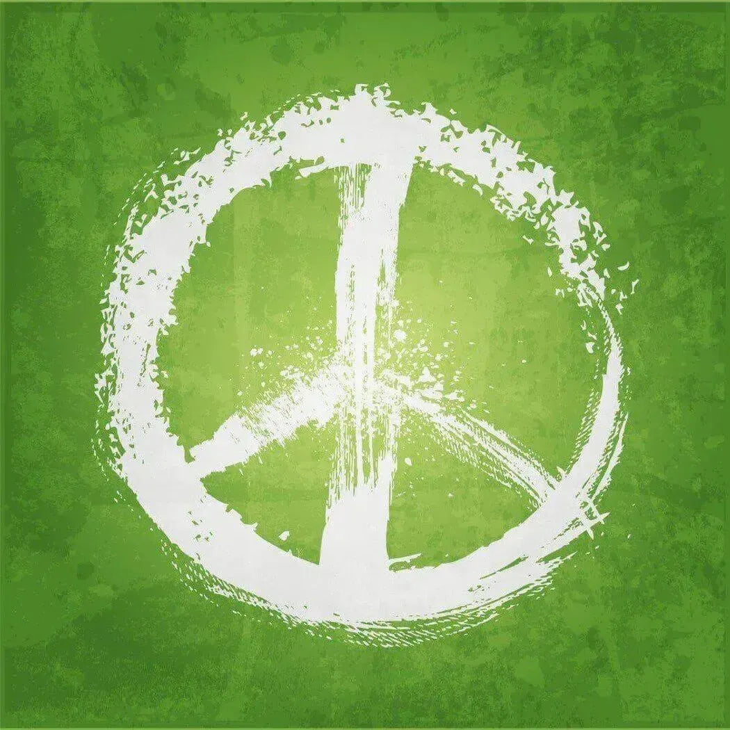 Green background with a white peace symbol, radiating positive, hippie vibes and love.