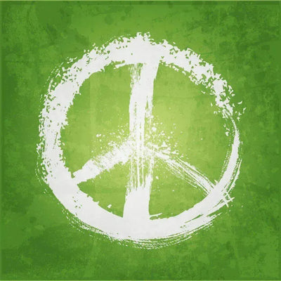 White brush-stroke peace symbol on textured green background