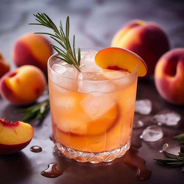 Refreshing peach cocktail with ice and rosemary garnish surrounded by fresh peaches