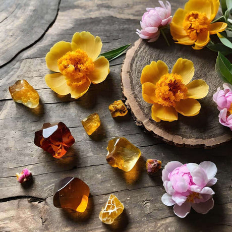 Nurture Handmade featuring amber gemstones and yellow flowers on rustic wood background.