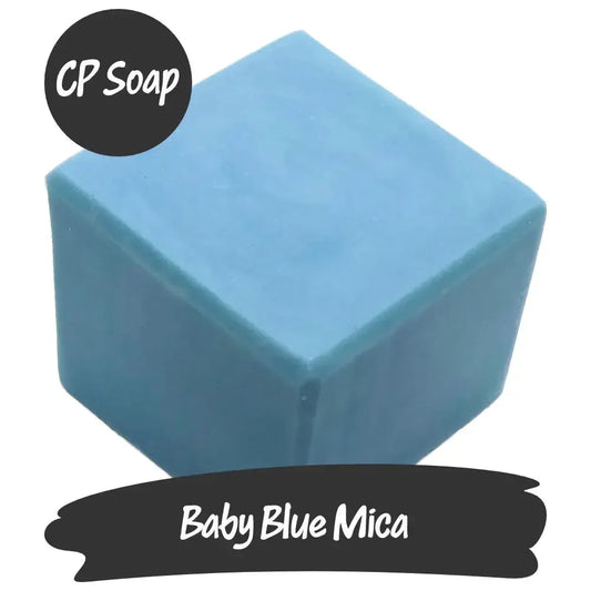 Baby Blue Mica pigment in CP soap, showcasing a soft blue hue and silvery shimmer for tranquil crafting.
