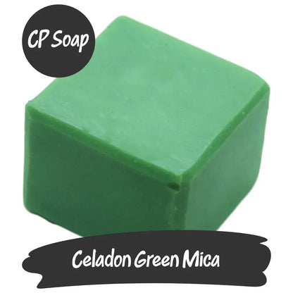 Celadon Green Mica soap cube showcasing soft green color with golden shimmer, perfect for luxury cosmetics.