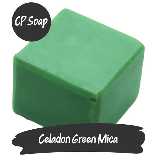 Celadon Green Mica soap cube showcasing soft green color with golden shimmer, perfect for luxury cosmetics.