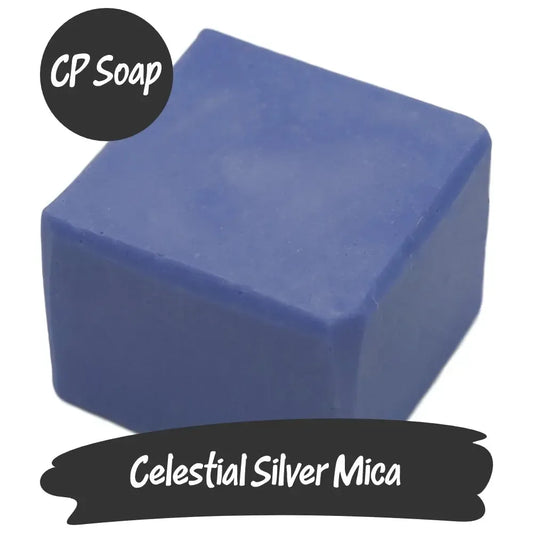 Celestial Silver Mica powder showcased in a square CP soap, featuring a light blue hue and sparkling silver sheen.