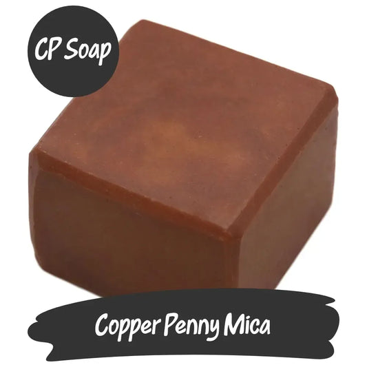 Square piece of CP soap featuring Copper Penny Mica, showcasing a warm red-copper sheen.