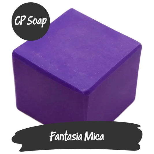 Fantasia Purple Mica CP soap, a vibrant cube showcasing a magical sparkly hue inspired by Mickey’s enchanted hat.